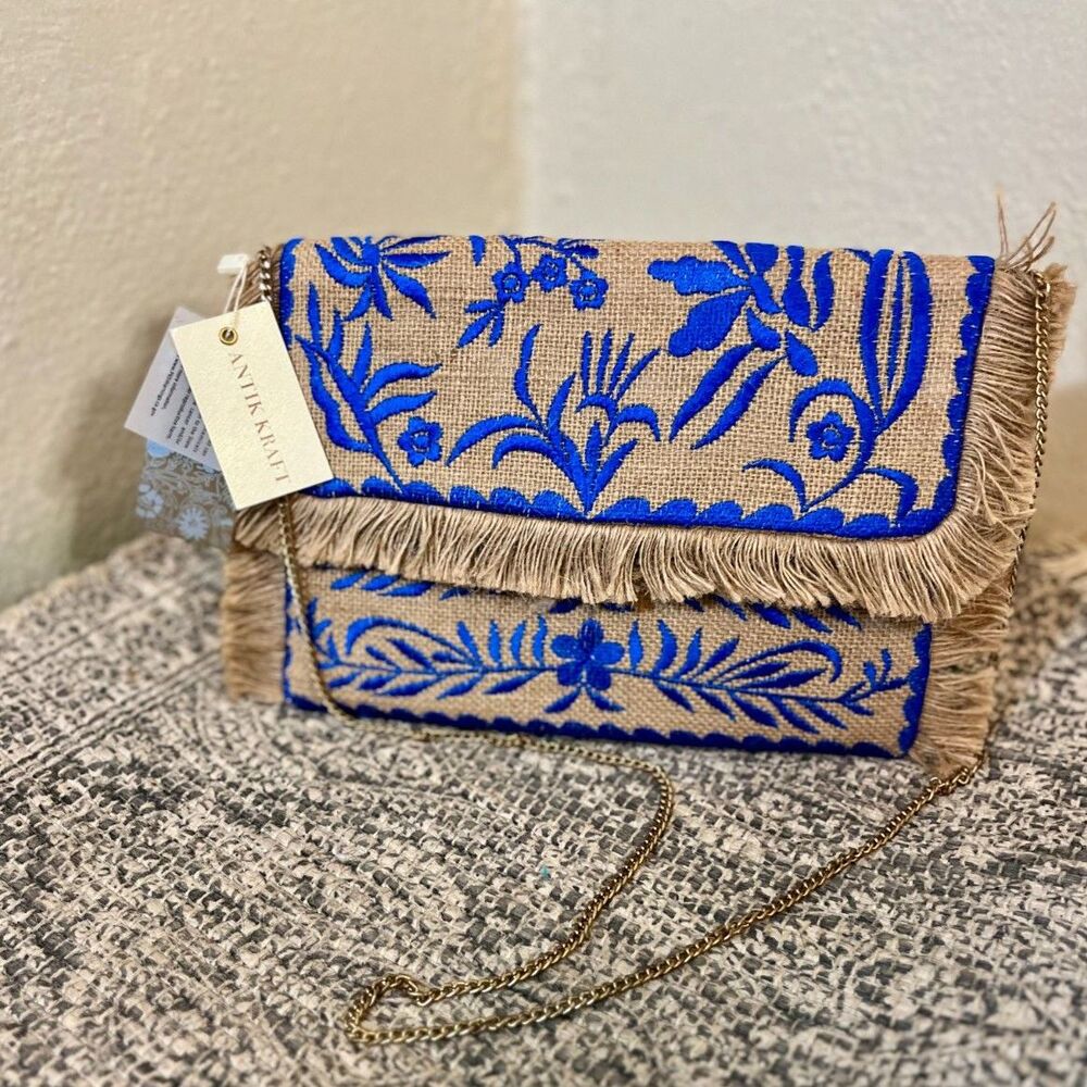 NWT Antik Kraft blue embroidery jute clutch w/ chain strap